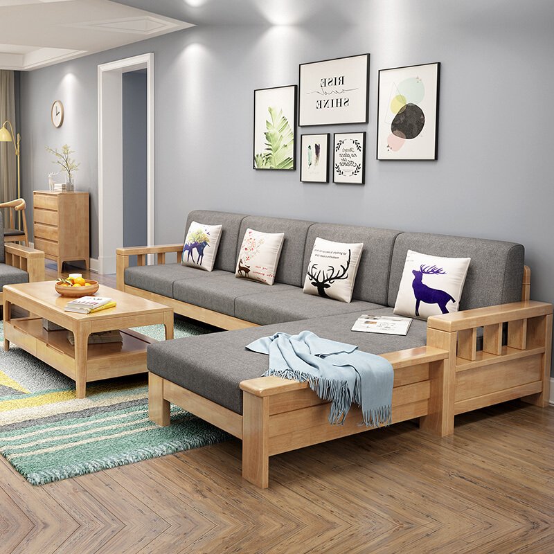 法派克 中式实木沙发组合客厅家具北欧原木转角沙发组合 现代简约沙发组合 双人+贵妃+单人