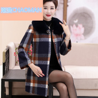 妈妈装2018秋冬新款时尚中长款毛呢大衣中老年女装宽松大码呢子上衣保暖毛领格子外套厚40岁50图片色