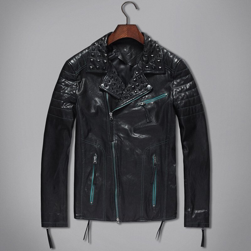 秋冬款骑士外套男士修身短款真皮皮衣铆钉机车风绵羊皮皮夹克黑色