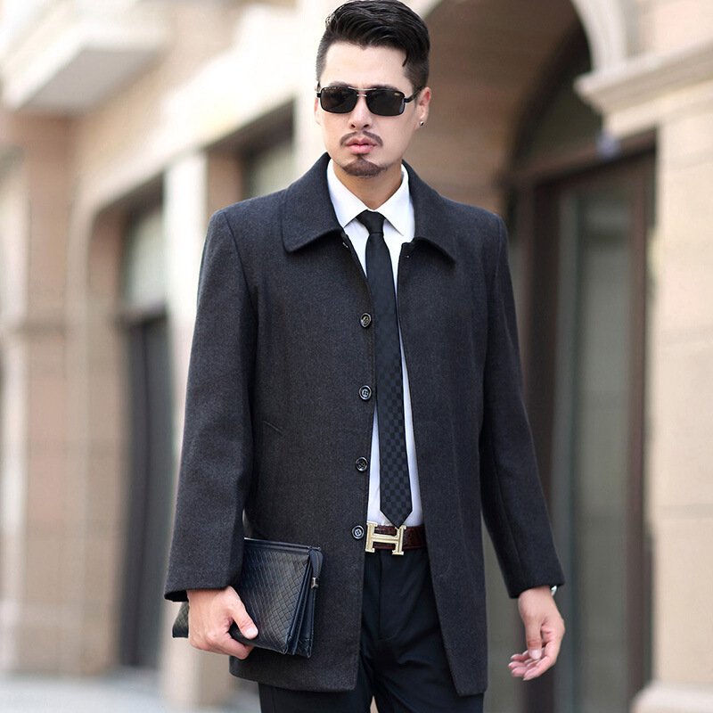 冬季新品男士昵子大衣厚款外套中长毛呢冬装中老年翻领保上衣浅灰色