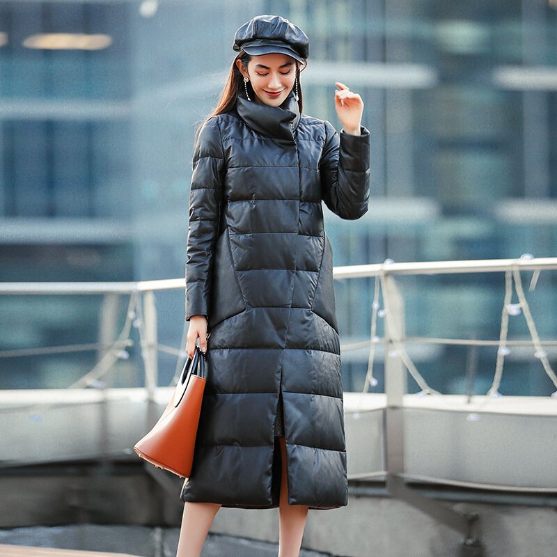 欧洲站新款真皮绵羊皮修身显瘦海宁真皮皮羽绒服长款外套女