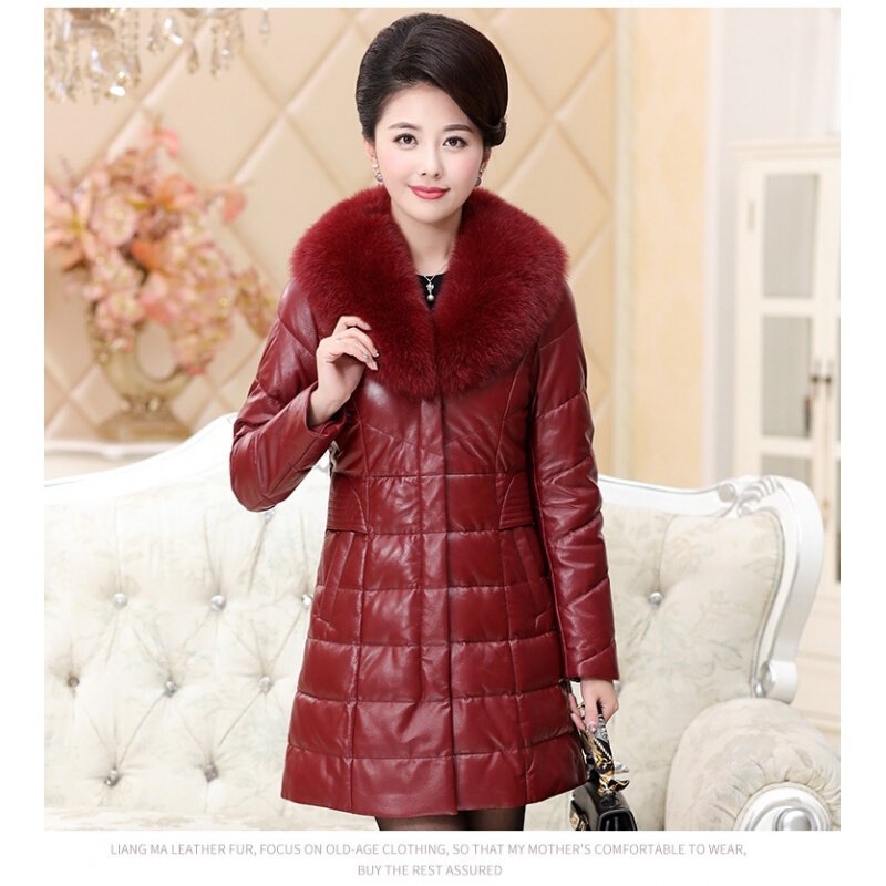 海宁冬装中老年真皮羽绒服女狐狸毛领中长款加肥加大皮衣外套 红色 XL