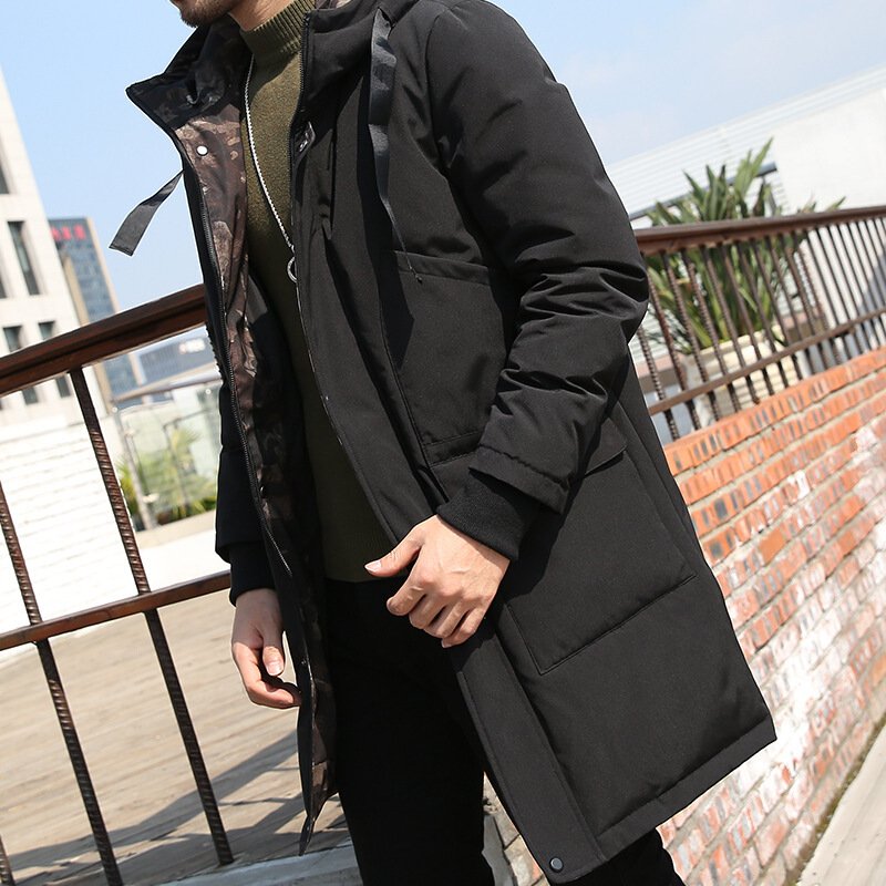 羽绒服男中长款冬季韩版青年加厚迷彩连帽衣服男装修身学生潮