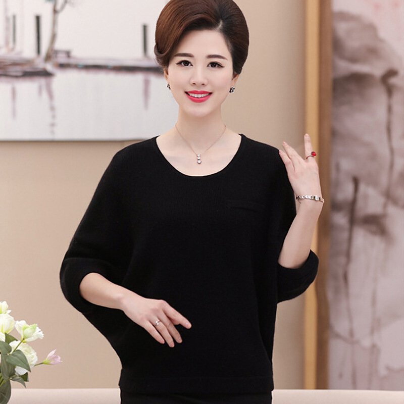 秋冬新款中老年女装针织羊绒衫蝙蝠衫羊绒衫毛衫女士羊绒衫黑色均码