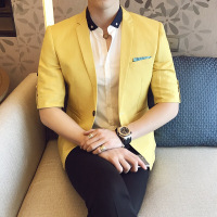 男士休闲七分袖小西装外套单个性胸口拼色英伦韩版男生修身西服潮