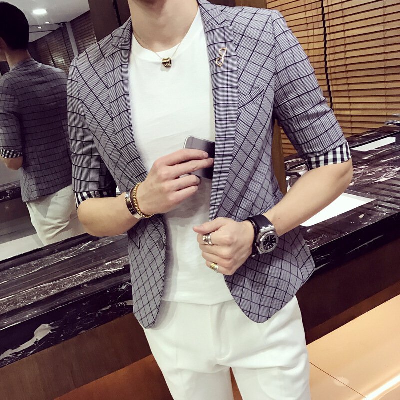 夏季男士方格印花七分袖西服韩版男装修身单排扣中袖西装