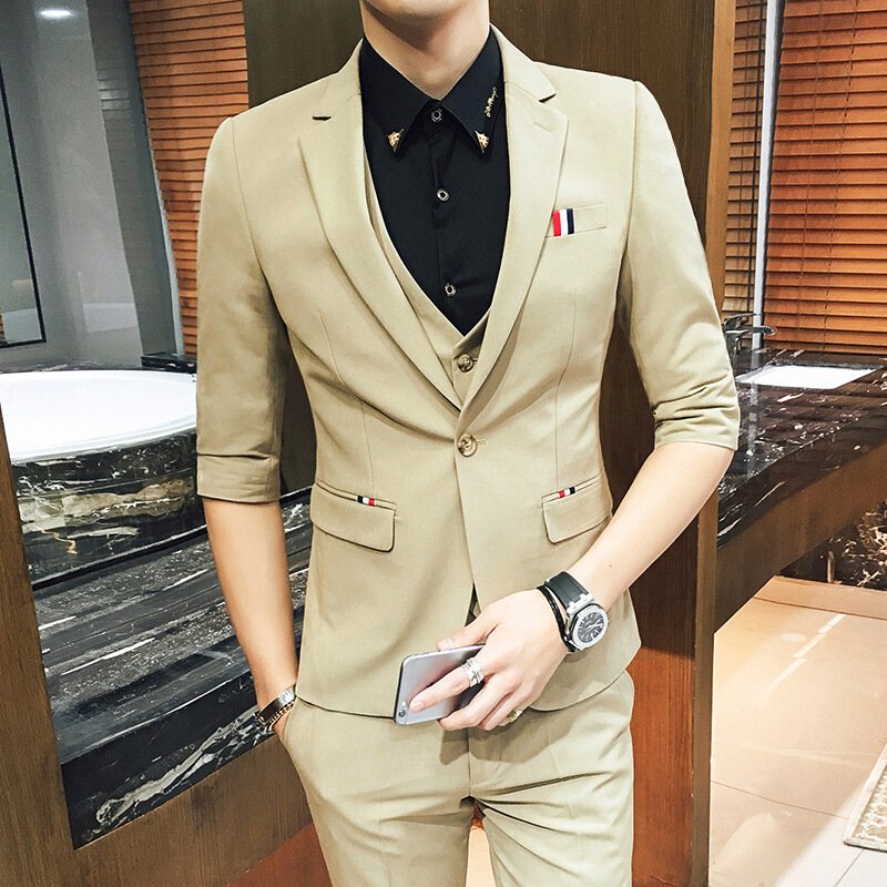 夏男士修身新郎七分袖西装三件套韩式青年休闲单排扣西服套装