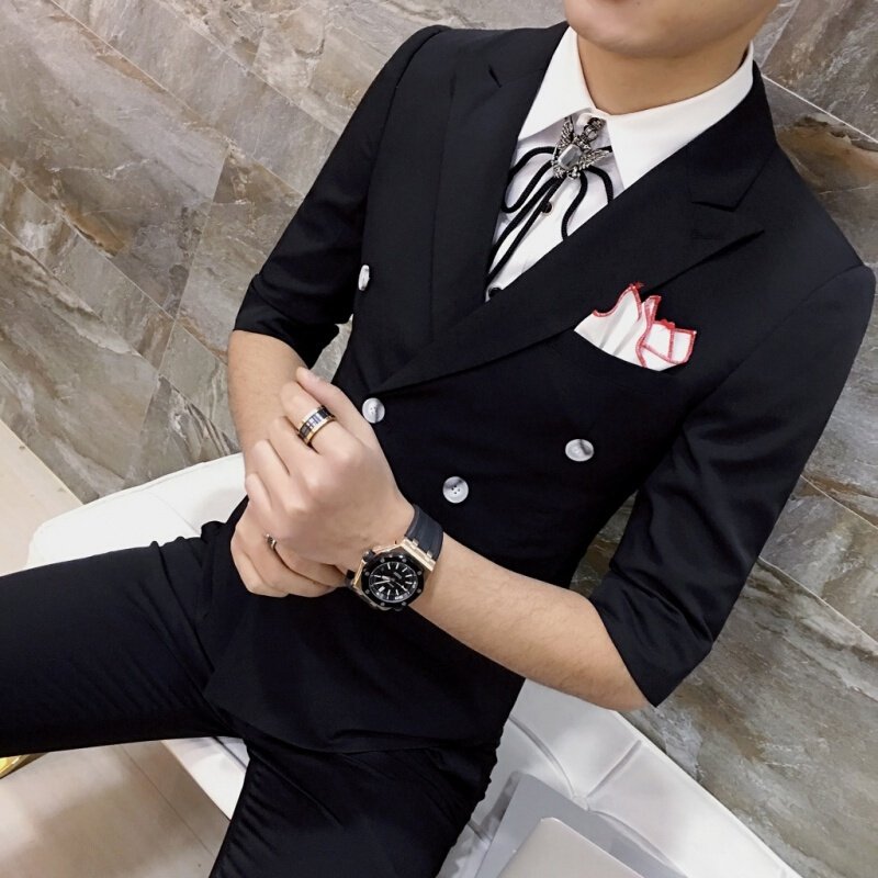 季男士纯色双排扣西装两件套男装商务修身七分袖西服两件套