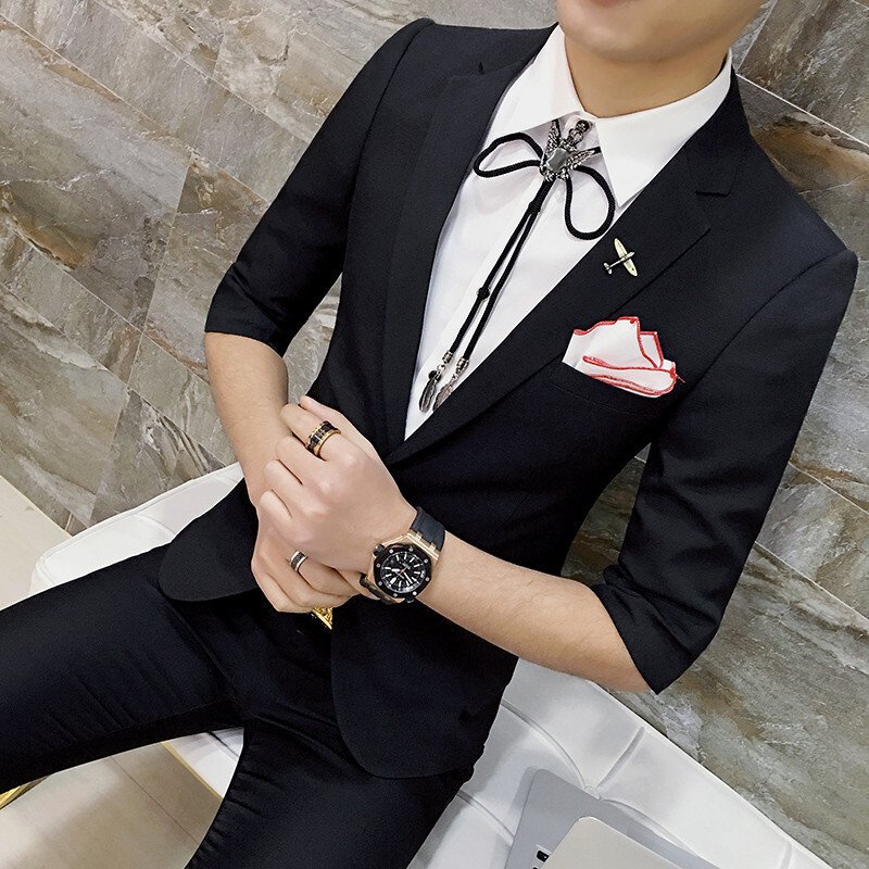 精品型男修身七分袖西服套装夜店青年中袖西装两件套一粒扣西服