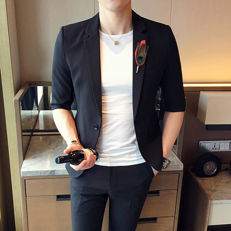 夏季男装修身七分袖西装两件套男士休闲单排扣西服套装男套装