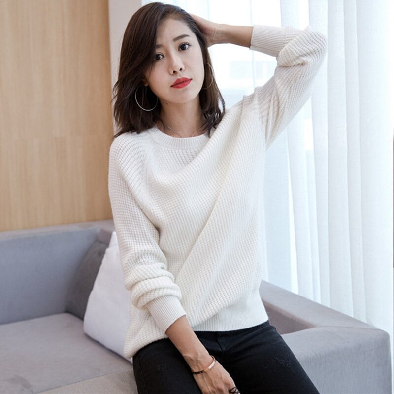 韩版秋冬新款羊绒衫女毛衣慵懒宽松圆领套头针织衫加厚羊毛打底衫