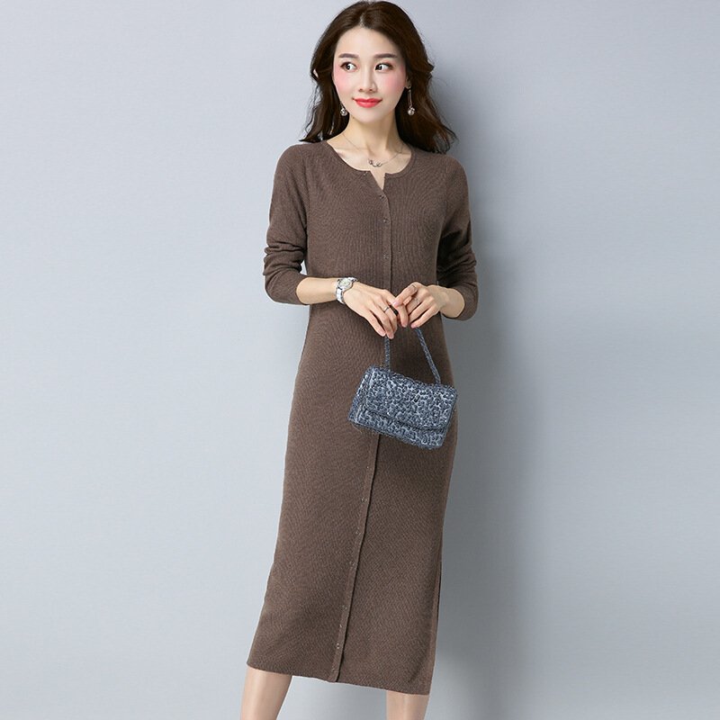 秋冬新款气质显瘦中长款圆领裹身裙侧开叉针织连衣裙女潮