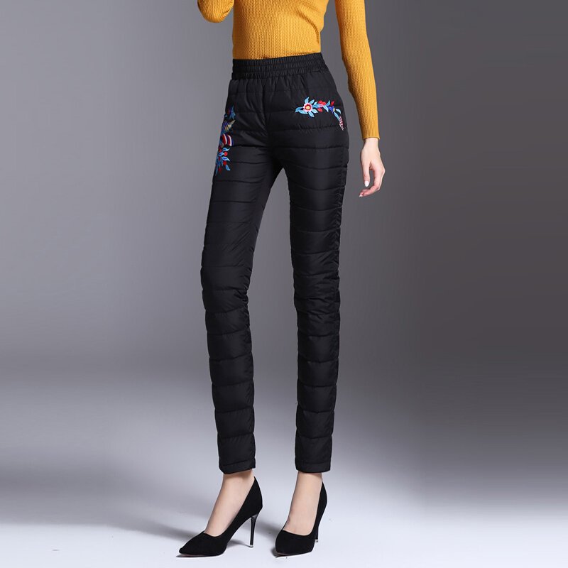 高腰双面羽绒裤女外穿加厚保暖白鸭绒长裤中老年裤女冬黑色