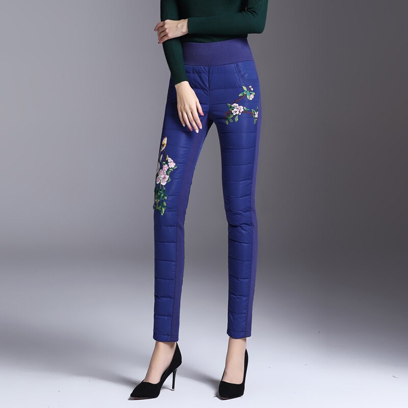 高腰羽绒裤女外穿显瘦加厚保暖双面女士羽绒裤棉裤冬季鸭绒裤宝蓝色