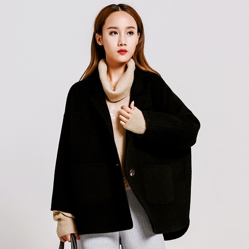欧美高端冬季新品双面羊绒大衣羊毛呢大衣女短款上衣外套黑色均码