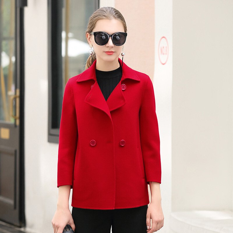 双面羊绒大衣女高端西装领毛呢外套女短款红色秋季羊毛呢大衣女冬红色