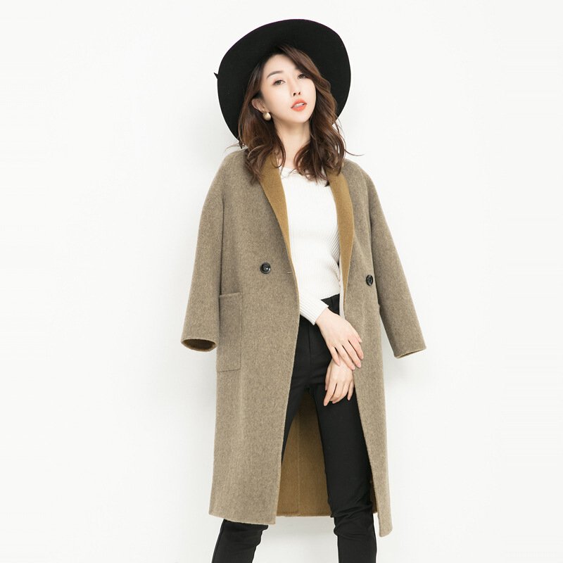 秋冬新款宽松百搭高端加厚毛呢外套双面呢子羊绒大衣女中长款玛瑙绿