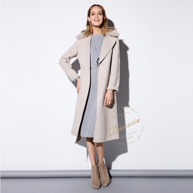 秋冬高端水貂毛领皮草双面呢羊绒毛呢大衣外套系带长款女装