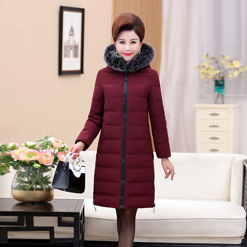 中老年羽绒服女40-50岁妈妈棉衣女中长款新款中年女冬装外套 红色 XL