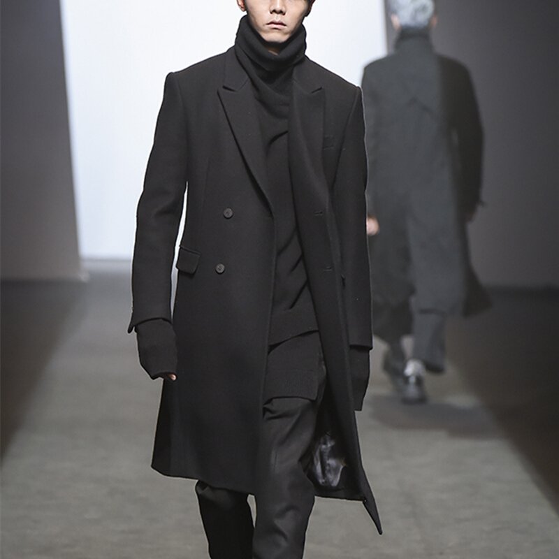 冬季风衣长款西装领男士外套双排扣商务修身男装毛呢大衣黑色