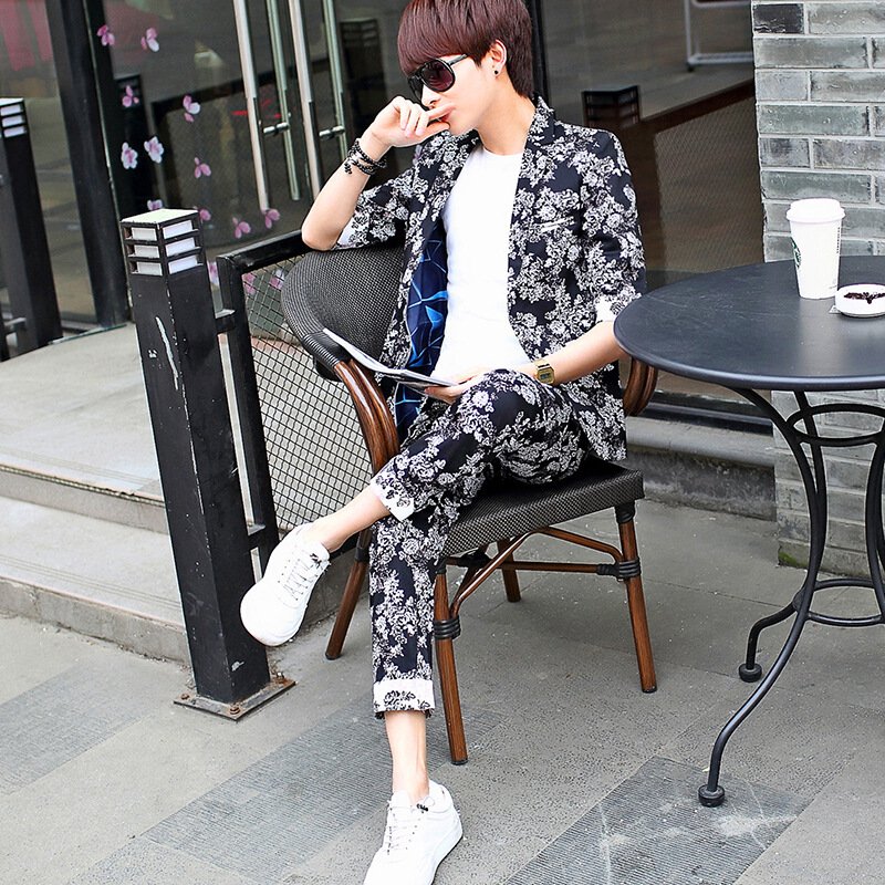 夏季七分袖男式西服套装修身韩版中袖小西装七分裤两件套男士外套