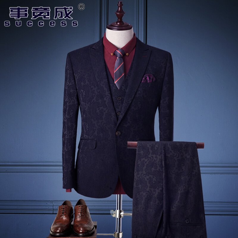 新郎西服套装男伴郎服婚礼宴会结婚礼服男士西装男套装三件套修身暗蓝紫提花