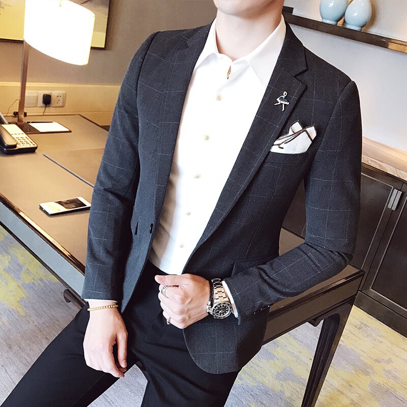 格子小西装男韩版商务修身西服潮英伦青年休闲单西外套上衣