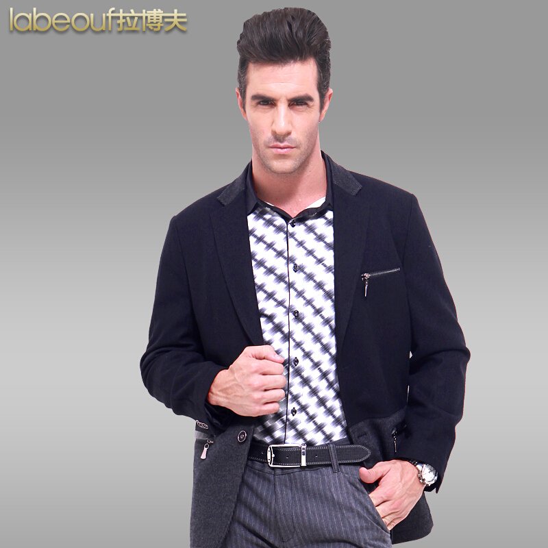 新款男装羊毛西服休闲男修身西装男士秋装男大码爸爸外套黑灰色