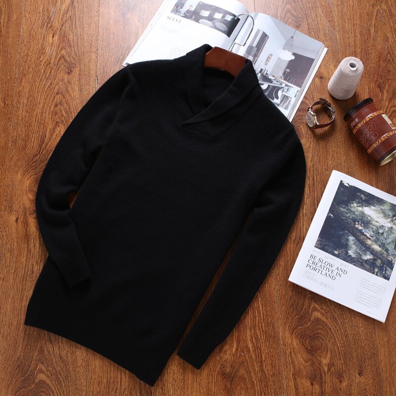 新款男士V领羊绒衫秋冬纯山羊绒针织衫青果领加厚男装毛衣羊毛衫 黑色 S