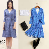 欧洲站夏款李小璐明星女装印花V领连衣裙优雅经典裹身裙