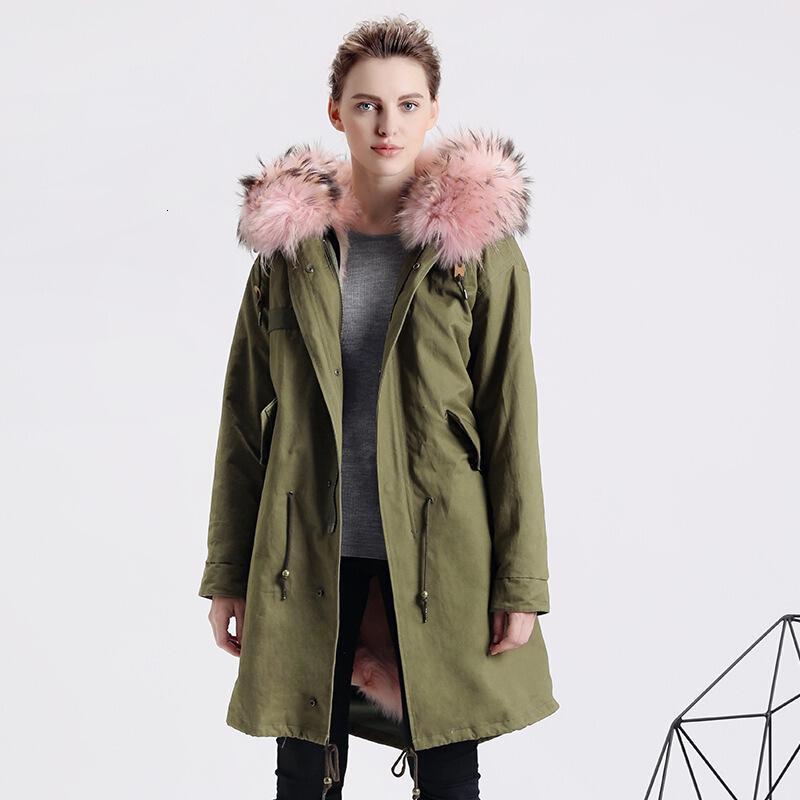 冬装狐狸毛内胆皮草军大衣貉子毛领连帽中长款毛外套女军绿色