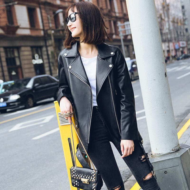 真皮新款机车皮衣女中长款绵羊皮韩版皮衣女夹克外套黑色