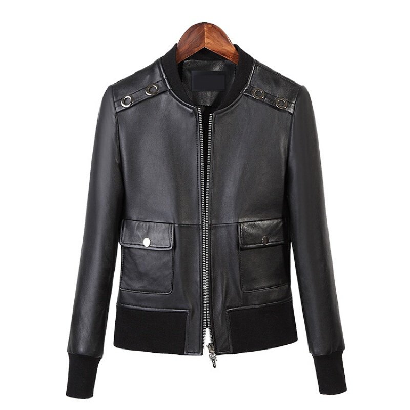 真皮皮衣女春秋新款绵羊皮机车皮夹克棒球服韩版潮流外套女黑色