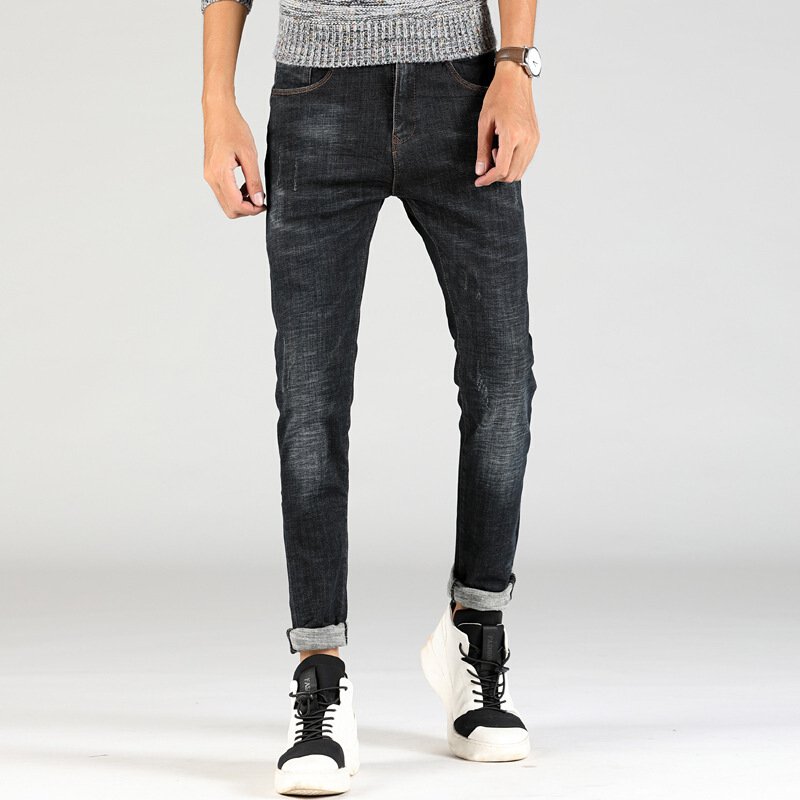 秋冬季新款牛仔裤男修身加厚韩版小脚裤青年休闲百搭男裤子黑色