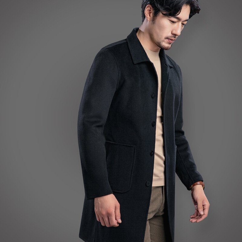 男士双面呢大衣中长款男手工双面羊绒羊毛呢小翻领复古商务外套