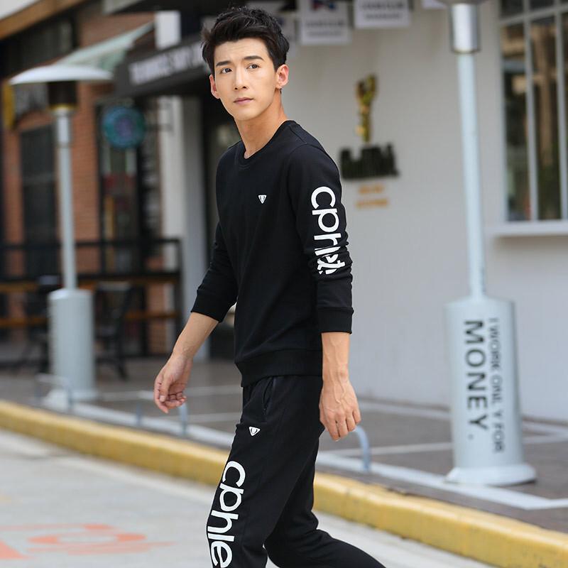 春季全棉圆领男休闲卫衣运动套装运动衣运动装男士两件套