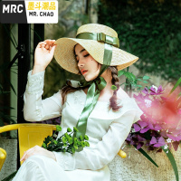 日系绑带复古帽手工麦杆帽子女夏平顶太阳帽防晒遮阳大檐沙滩帽  墨斗潮品