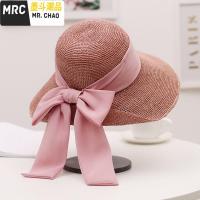 夏季优雅蝴蝶结飘带帽女士可折叠韩版大檐沙滩帽防紫外线遮阳帽  墨斗潮品