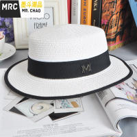 英伦白色女士包边平顶帽M标小礼帽遮阳帽平顶帽子夏季平沿逛街  墨斗潮品