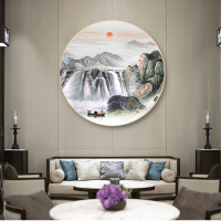 鸿运当头风水靠山招财客厅玄关电表箱山水国画新中式圆形框装饰画（请先与客服确认再下单）