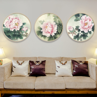 新中式古典水墨花鸟牡丹客厅玄关背景墙圆形实木框壁画挂画国画（请先与客服确认再下单）