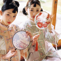 DEAR栗原创国风古风印花仿真丝半透明木柄流苏工艺扇拍摄道具团扇（请先与客服确认再下单）