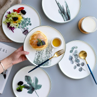 清新冷调植物9寸陶瓷牛排盘早餐盘菜盘点心盘水果盘PZ-172（请先与客服确认再下单）