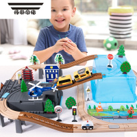 拓斯帝诺木质小火车轨道套装 磁性电动车头积木 益智类拼装儿童玩具 70件电动收纳桶装警察救援 超实惠装