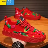 聚范帆布男鞋夏季透气小众设计休闲板鞋厚底东北红色大花运动布鞋