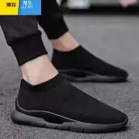 聚范夏季透气男鞋2024新款网鞋运动休闲一脚蹬飞织袜子全黑色百搭潮鞋