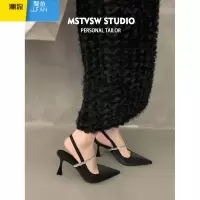 聚范黑色高跟鞋女细跟2024新款尖头包头凉鞋配裙子法式玛丽珍单鞋