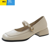 聚范法式浅口单鞋女2024夏季新款粗跟方头配裙子高跟鞋一字带玛丽珍鞋