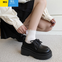 聚范厚底黑色小皮鞋女英伦风2024新款复古单鞋圆头增高系带乐福鞋