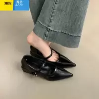聚范皮版~气质尖头单鞋女2024新款一字扣浅口玛丽珍小皮鞋